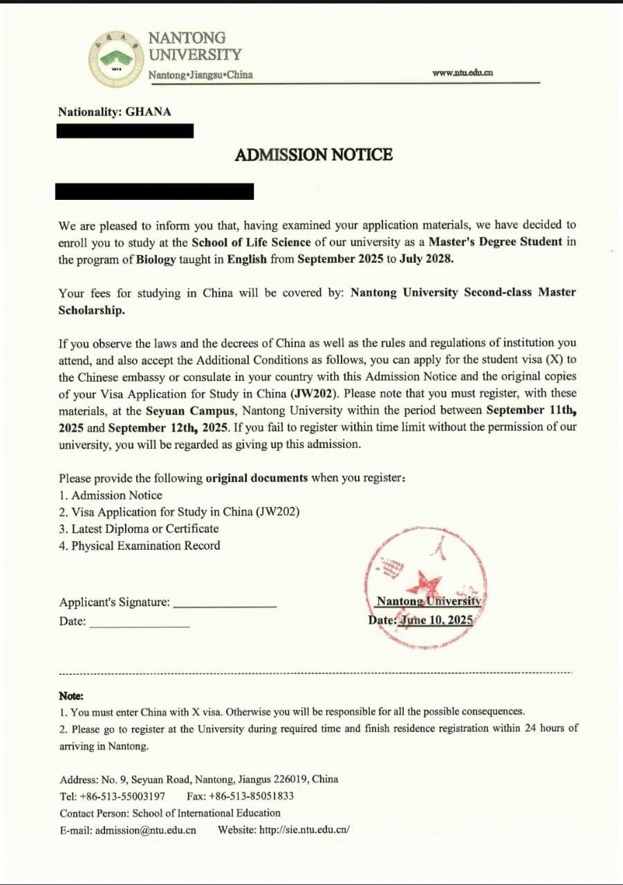 Nantong University admission letter